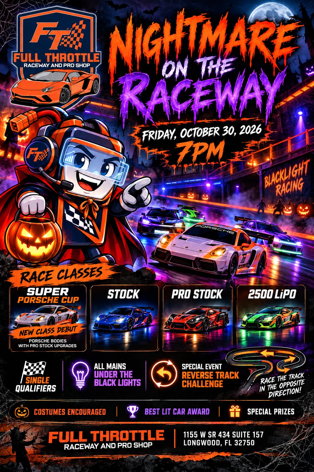 Nightmare on the Raceway flyer: Friday October 30 2026, 7pm, blackout RC racing at Full Throttle Raceway